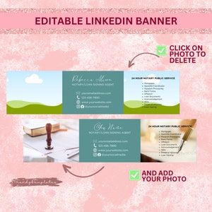 May include: Editable LinkedIn banner template for a notary or loan signing agent. The banner features a green and blue background with a white cloud and a stamp. The text on the banner reads "Rebecca Alicon, Notary/Loan Signing Agent" and includes contact information. The banner also includes a list of services offered, such as mortgages, apostille coordinator, passport processing, bank forms, affidavit, loan documents, acknowledgement, wills, and loan signing.
