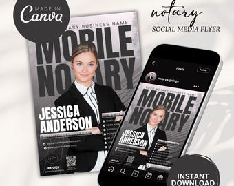 May include: A social media flyer for a mobile notary service. The flyer features a professional headshot of a woman in a blazer. Text includes "Mobile Notary," the name "Jessica Anderson," and contact information. The design is in black and white.