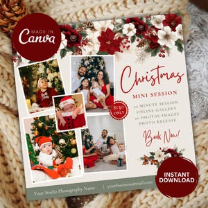 May include: An advertisement for a Christmas mini session, featuring family photos and festive decorations. The design includes a collage of family portraits, floral accents, and the text "Christmas Mini Session." Includes the text "Instant Download."
