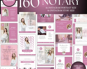 May include: A collection of 160 notary Instagram templates in shades of pink and white. The templates include portrait and story sizes, with text such as "Notary," "Book Now," and "Mobile Notary." The design features images of a woman in business attire.