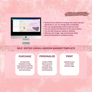 May include: A pink and white digital design template for a LinkedIn banner. The template is customizable and can be edited for text, font, color, size, and placement. The template can be purchased on Etsy and downloaded as a PDF file with instructions.