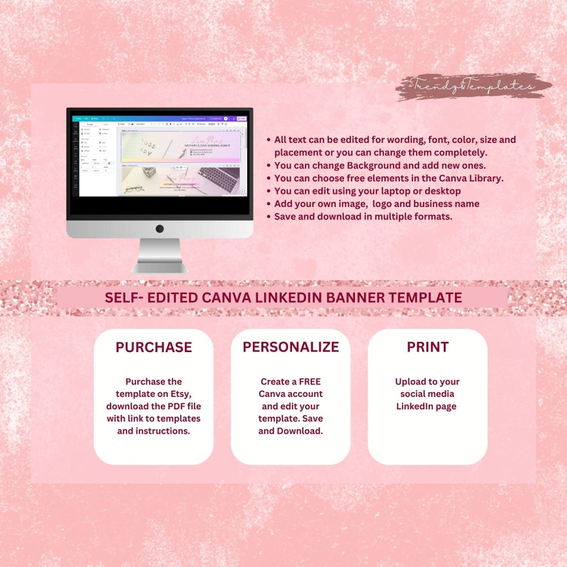 May include: A pink and white digital design template for a LinkedIn banner. The template is customizable and can be edited for text, font, color, size, and placement. The template can be purchased on Etsy and downloaded as a PDF file with instructions.