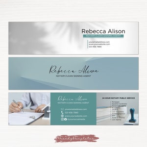 May include: Three banner designs for a notary public. The first banner is white with a shadow of a leaf, the second banner is blue with a geometric design, and the third banner is green with a hand signing a document. The text on the banners reads "Rebecca Alison, Notary/Loan Signing Agent".