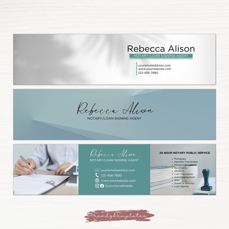 May include: Three banner designs for a notary public. The first banner is white with a shadow of a leaf, the second banner is blue with a geometric design, and the third banner is green with a hand signing a document. The text on the banners reads "Rebecca Alison, Notary/Loan Signing Agent".