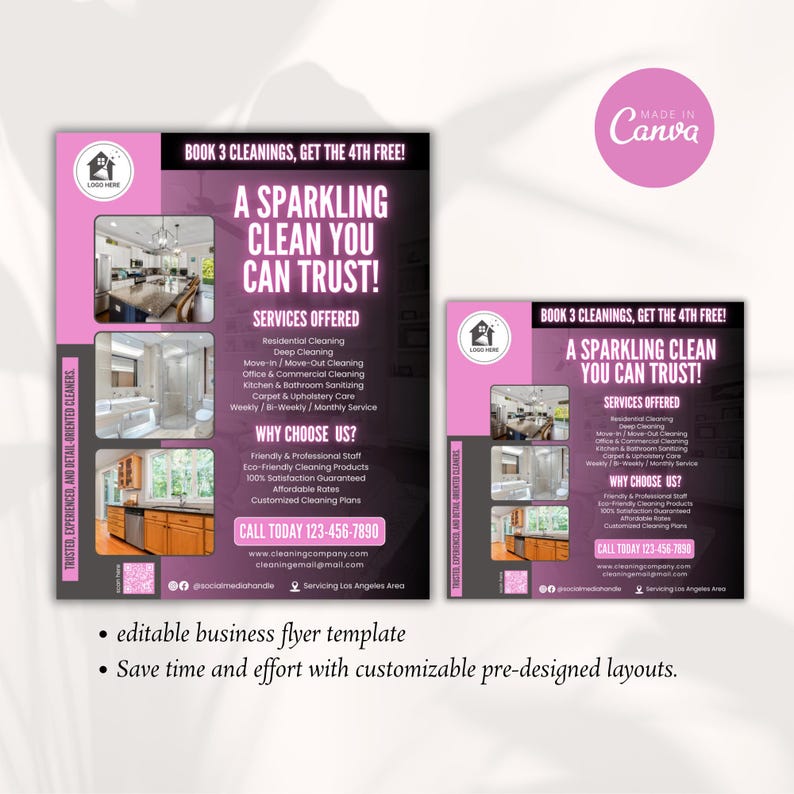 Puede incluir: Un folleto rosa y negro anuncia servicios de limpieza con el texto "&iexcl;Una limpieza brillante en la que puede confiar!". Ofrece servicios de limpieza residencial, de oficinas y de mudanzas. Se proporciona informaci&oacute;n de contacto.