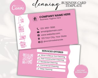 Tarjetas de visita para servicios de limpieza, Tarjeta de limpieza profesional, Tarjeta rosa para limpieza del hogar, Folleto de servicios de limpieza