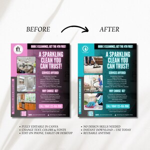 Puede incluir: Anuncio de servicios de limpieza con un antes y despu&eacute;s. El folleto promociona "&iexcl;Una limpieza brillante en la que puede confiar!" y enumera los servicios. Totalmente editable en Canva, descarga instant&aacute;nea.