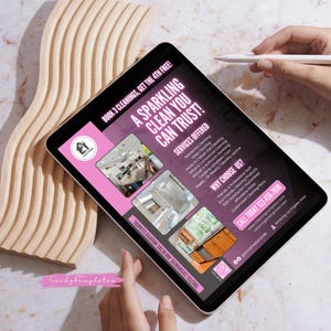 Puede incluir: Una tableta muestra un anuncio de servicios de limpieza con el texto "A Sparkling Clean You Can Trust!" y detalles de los servicios ofrecidos. La tableta se sostiene cerca de una pieza decorativa de madera.
