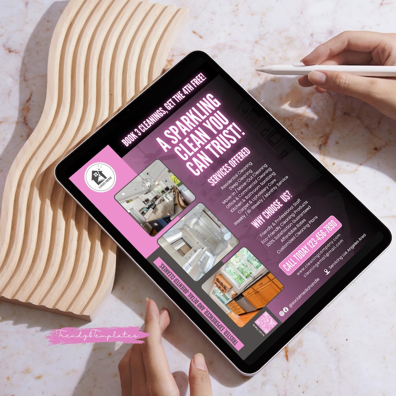 Puede incluir: Una tableta muestra un anuncio de servicios de limpieza con el texto "A Sparkling Clean You Can Trust!" y detalles de los servicios ofrecidos. La tableta se sostiene cerca de una pieza decorativa de madera.