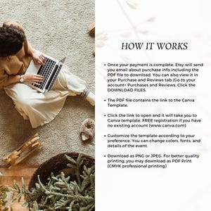 Puede incluir: Una persona sentada en una alfombra beige usa una computadora port&aacute;til. Se muestra el texto "HOW IT WORKS", seguido de vi&ntilde;etas que explican el proceso de descarga, la plantilla de Canva y las opciones de personalizaci&oacute;n. Un objeto decorativo de madera y una cesta con vegetaci&oacute;n est&aacute;n en primer plano.