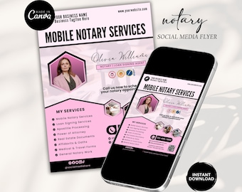 May include: Pink and white flyer and smartphone mockup for mobile notary services. The flyer includes a photo of a woman, service details, and contact information. The smartphone displays the flyer's design. The flyer says "Mobile Notary Services".