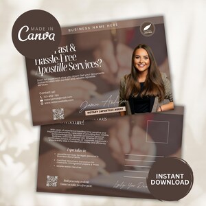 May include: A brown and white postcard with a photo of a woman smiling. The text on the postcard reads "Fast & Hassle-Free Apostille Services?" and "Jamie Andersen, Notary | Apostille Agent". The postcard also includes a QR code and the text "Instant Download".
