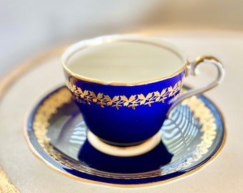 AYNSLEY Vintage Cobalt Blue Aynsley Teacup and Saucer Vintage Teacup in Classic Cobalt Bone China Gold Rimmed England