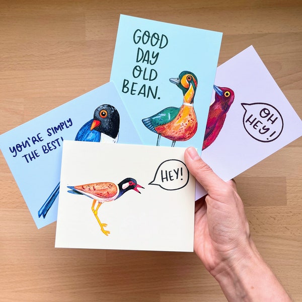 Set of 4 Funny Bird Postcards - Birb Art, Quirky Animal Illustrations, Cute Birdie Greetings, Unique Cartoon Cards