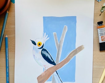 Original Gouache Bird Painting - White Crested Helmetshrike (Number 9)