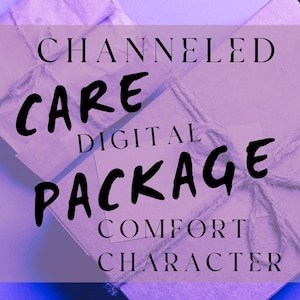Peut inclure: Un colis carré enveloppé dans du papier violet clair et ficelé avec de la ficelle. Les mots "CHANNELED CARE DIGITAL PACKAGE COMFORT CHARACTER" sont imprimés en noir sur le colis.