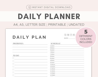 Dagelijkse planner, afdrukbare planner, dagelijks uurschema | Directe digitale download | Productiviteitsplanner, takenlijst | A4, A5, Letter