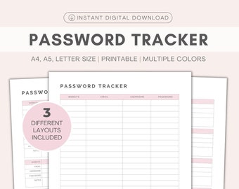 Afdrukbare wachtwoordtracker | Afdrukbare planner | Sjabloon wachtwoordindeling | Wachtwoordwachtwoord en logboek | Direct downloaden | A4/A5/Letter/PDF