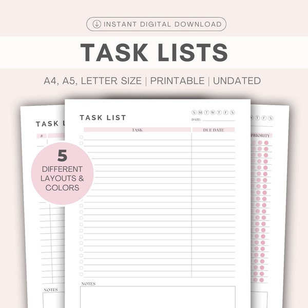 Task List Printable, Task Tracker & Organizer, Printable Planner | Minimalistic | Productivity Planner | Instant Download | A4/A5/Letter/PDF