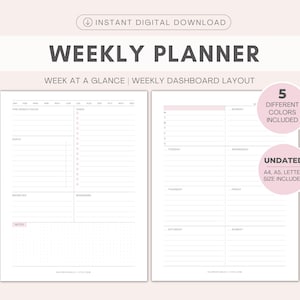 May include: A printable weekly planner with a week at a glance layout. The planner includes sections for goals, priorities, reminders, and notes. It also has a daily dashboard with space for each day of the week. The planner is undated and comes in five different colors. The planner is available in A4, A5, and letter sizes.