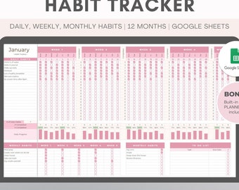 Gewoontetracker-spreadsheet | Google Spreadsheets | Dagelijks, wekelijks, maandelijks | Takenlijst, doelentracker | Gewoonteroutine | 12 maandenplanner