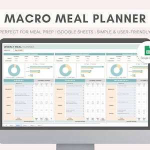 Macro Meal Planner | Weekly Meal Prep Spreadsheet | Weight Loss Tracker | Calorie Tracker | Grocery List | Digital Planner | Google Sheets