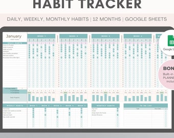 Gewoontetracker-spreadsheet | Google Spreadsheets | Dagelijks, wekelijks, maandelijks | Takenlijst, doelenplanner | Digitale routinetracker | 12 maanden inbegrepen