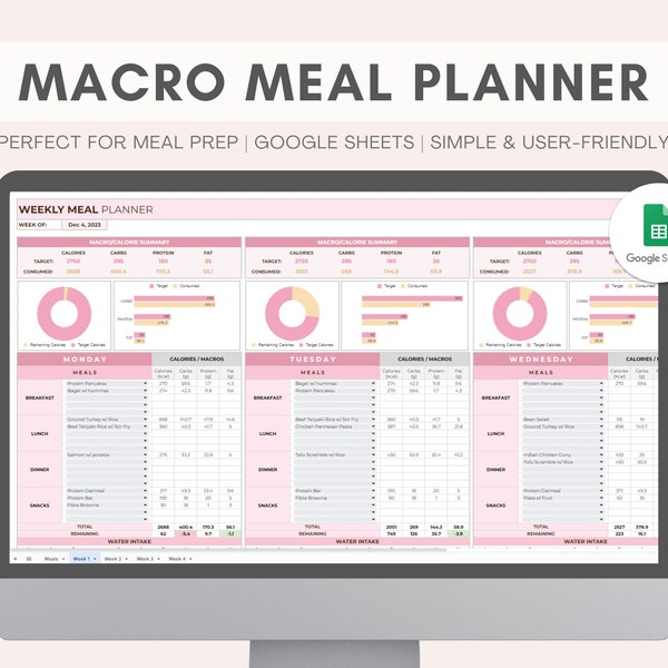 Planificateur de repas macro | Préparation de repas numérique | Tableur du planificateur de repas hebdomadaire | Suivi des calories | Compteur de macros | Liste d'épicerie | Feuilles de calcul Google