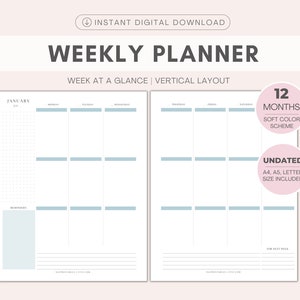 Weekly Planner, Printable planner, Week at a Glance | Minimalistic | Instant Digital Download | WO2P Vertical Layout | A4, A5, Letter, PDF