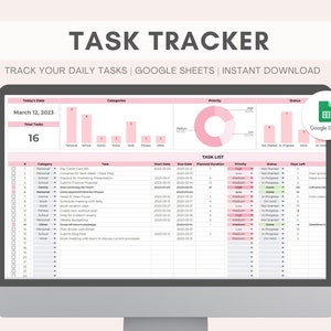 Peut inclure: Un écran d'ordinateur affichant un tableur Google Sheets avec un modèle de suivi des tâches. Le tableur comporte des colonnes pour la catégorie, la tâche, la date de début, la date d'échéance, la durée prévue, la priorité, le statut et les jours restants. Le tableur est conçu pour aider les utilisateurs à suivre leurs tâches quotidiennes et à rester organisés.