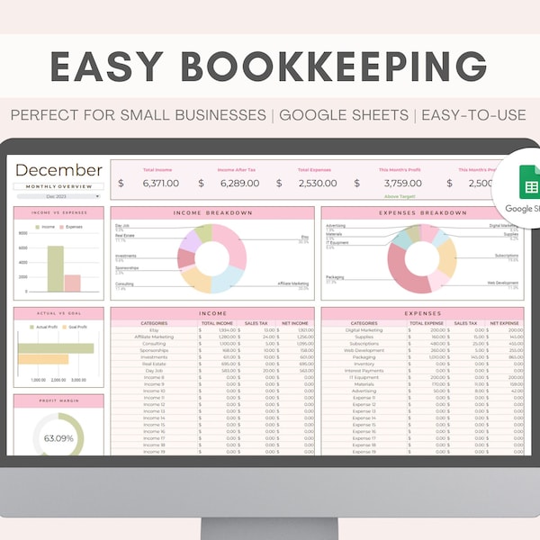 Small Business Bookkeeping | Google Sheets | Income & Expense Tracker | Profit, Tax Tracker | Finance Spreadsheet | Business Planner