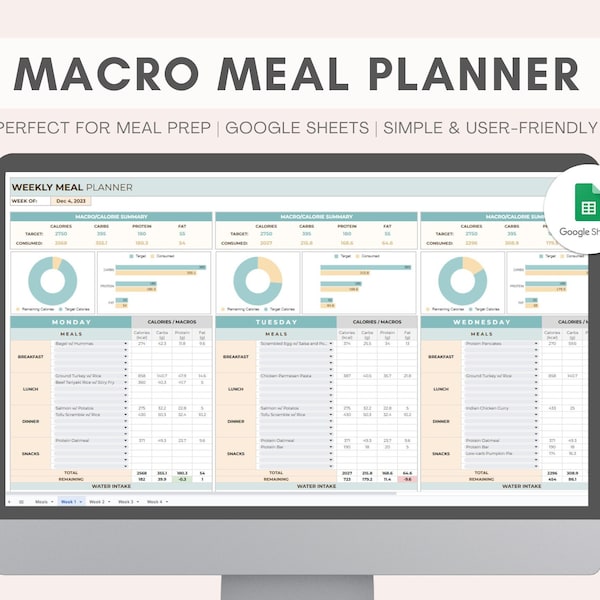Macro Meal Planner | Weekly Meal Prep Spreadsheet | Weight Loss Tracker | Calorie Tracker | Grocery List | Digital Planner | Google Sheets