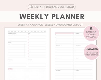 Weekplanner | Afdrukbare planner | WO2P | Week in één oogopslag, weekschema | Niet gedateerd | Takenlijst, doelen | Insteekkaarten voor planners | A4, A5, Letter