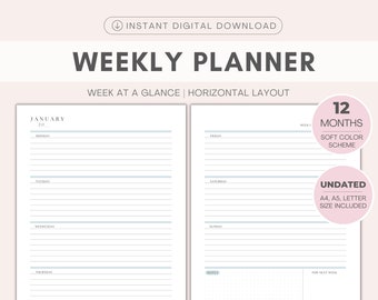 Weekplanner | Afdrukbare planner | WO2P horizontale lay-out | Week in één oogopslag, eenvoudig weekschema | Niet gedateerd | 12 maanden | A4/A5/Letter/PDF