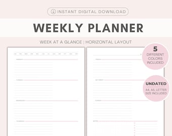 Weekplanner | Afdrukbare planner | WO2P horizontale lay-out | Week in één oogopslag | Takenlijst, focus, niet gedateerd | Insteekkaarten voor planners | A4/A5/Letter