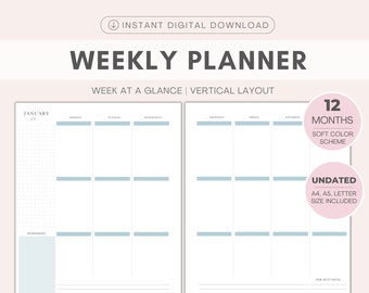 Weekplanner, Afdrukbare planner, Week in één oogopslag | Minimalistisch | Directe digitale download | WO2P verticale lay-out | A4, A5, Letter, pdf
