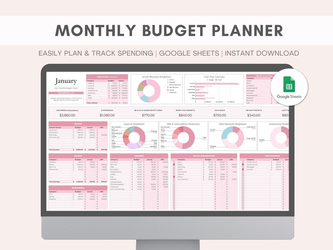 Monthly Budget Planner | Google Sheets | Budget Tracker Spreadsheet ...