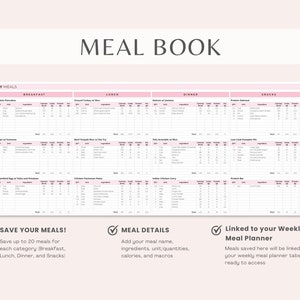 May include: A pink and white meal planner with the title "Meal Book" and sections for breakfast, lunch, dinner, and snacks. The planner includes space to track meals, ingredients, calories, and macros. It also has a section for linking to a weekly meal planner.