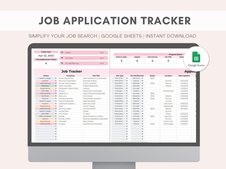 May include: A computer screen displaying a Google Sheet spreadsheet with a job application tracker. The spreadsheet is organized by company, job title, job type, on-site/remote, salary, location, and date applied. The spreadsheet is titled "Job Tracker" and has a pink and white color scheme.