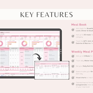 May include: A digital weekly meal planner with key features highlighted. The planner includes a meal book, weekly meal planner, visual charts, and daily nutrition targets. The planner is designed to help track progress and autogenerate calories and macros for each meal.