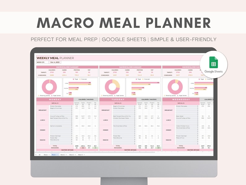 May include: A computer screen displaying a Google Sheets spreadsheet titled "Weekly Meal Planner". The spreadsheet is designed to help users plan their meals and track their macros. The spreadsheet includes sections for Monday, Tuesday, and Wednesday, with columns for meals, calories, protein, carbs, and fat.