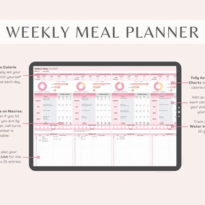 May include: A digital weekly meal planner with a pink and white colour scheme. The planner includes sections for daily macro calorie summary, setting macro parameters, a grocery list, and tracking water intake. It also features fully automated visual charts to track daily calorie and macro progress, and allows for adding up to 5 meals for each category.