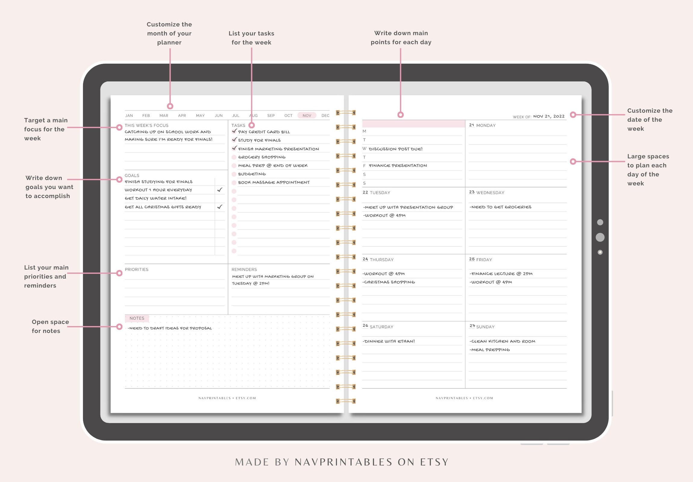 Weekly Planner | Planner Printable | WO2P | Week at a Glance, Weekly ...