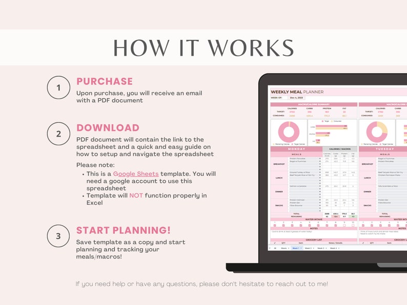 May include: A pink and white digital weekly meal planner spreadsheet on a laptop screen. The spreadsheet includes sections for daily meals, calorie tracking, and macro tracking. The text on the screen reads "Weekly Meal Planner".