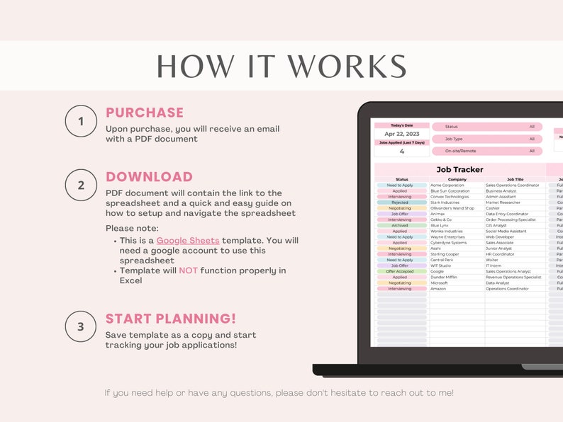 May include: A pink and white graphic with the text "How It Works" in black. The graphic explains how to purchase and download a job tracker spreadsheet template. The template is a Google Sheets spreadsheet and requires a Google account to use. The graphic also shows a screenshot of the spreadsheet, which is titled "Job Tracker".