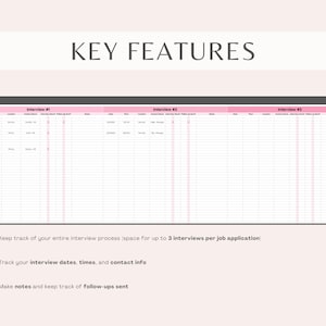 May include: A printable interview tracker with three columns labeled "Interview #1", "Interview #2", and "Interview #3". The tracker includes spaces to record dates, times, locations, contact information, notes, and follow-up information.