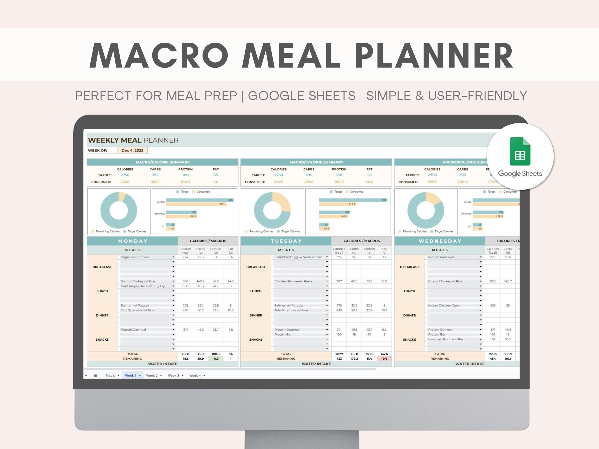 Macro Meal Planner | Weekly Meal Prep Spreadsheet | Weight Loss Tracker | Calorie Tracker | Grocery List | Digital Planner | Google Sheets
