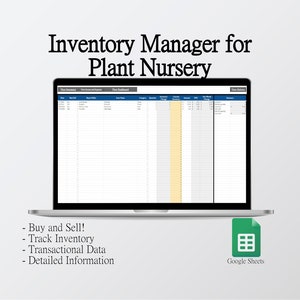 Puede incluir: Un ordenador portátil que muestra una hoja de cálculo de Google Sheets titulada "Gestor de inventario para vivero". La hoja de cálculo tiene columnas para la fecha, compra/venta, comprador/vendedor, nombre del artículo, categoría, cantidad, cantidad actual y resumen. La hoja de cálculo está diseñada para ayudar a gestionar el inventario de un vivero.