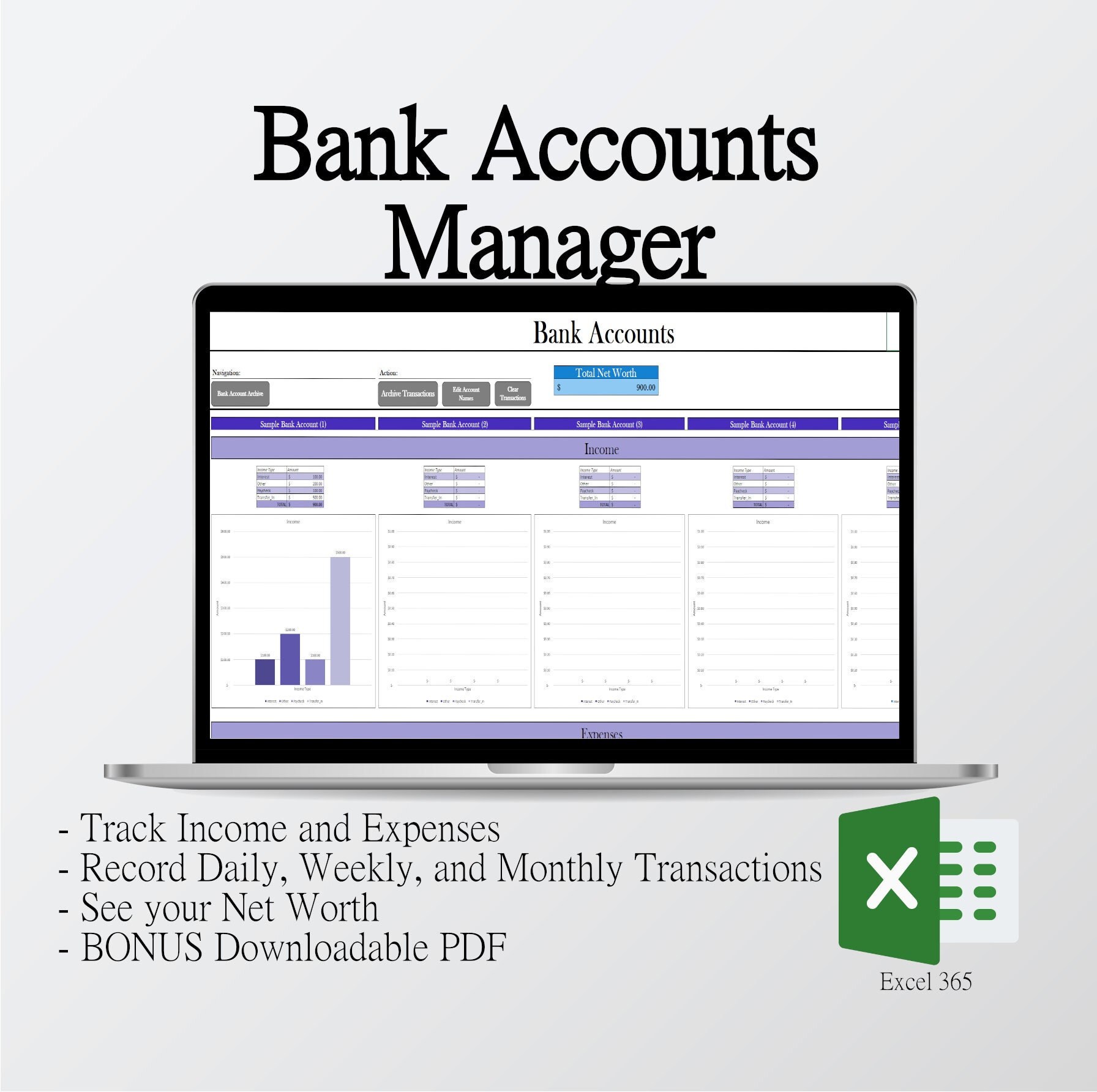 Incom Management Bank Account Manager - Income and Expense Tracker W/ Downloadable PDF ...