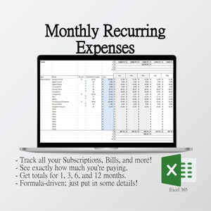 May include: A laptop screen displaying a spreadsheet with the title "Monthly Recurring Expenses". The spreadsheet is used to track subscriptions, bills, and other recurring expenses. The spreadsheet includes columns for details, annual cost, day/date charged, cost, and monthly totals for January through May. The spreadsheet is designed to help users track their monthly expenses and get totals for 1, 3, 6, and 12 months. The spreadsheet is formula-driven, so users can simply enter their details and the spreadsheet will automatically calculate the totals.